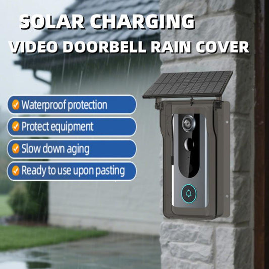 Solar video doorbell with rain cover housing on a wall, front camera visible