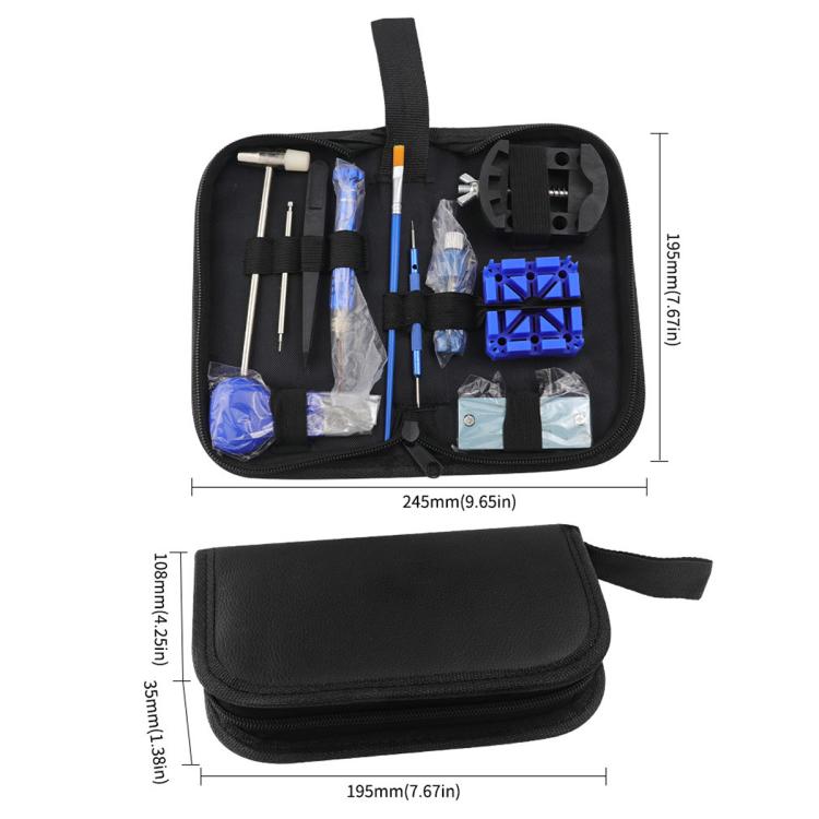 Watch repair tool set in black zip case with blue accessories and metal tools