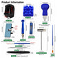 Watch repair tools diagram: blue punch, screwdriver, tweezers, and case tools set