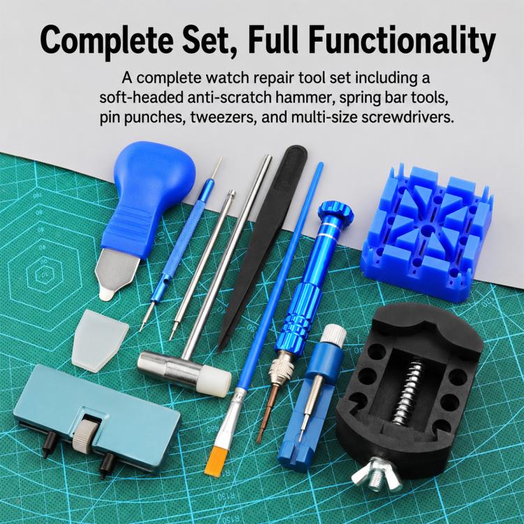 Complete watch repair tool set with blue handle tools, spring bar tools, and black case