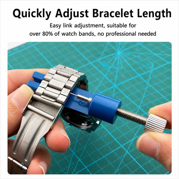 Watch bracelet adjustment tool with blue grip and metal pin driver
