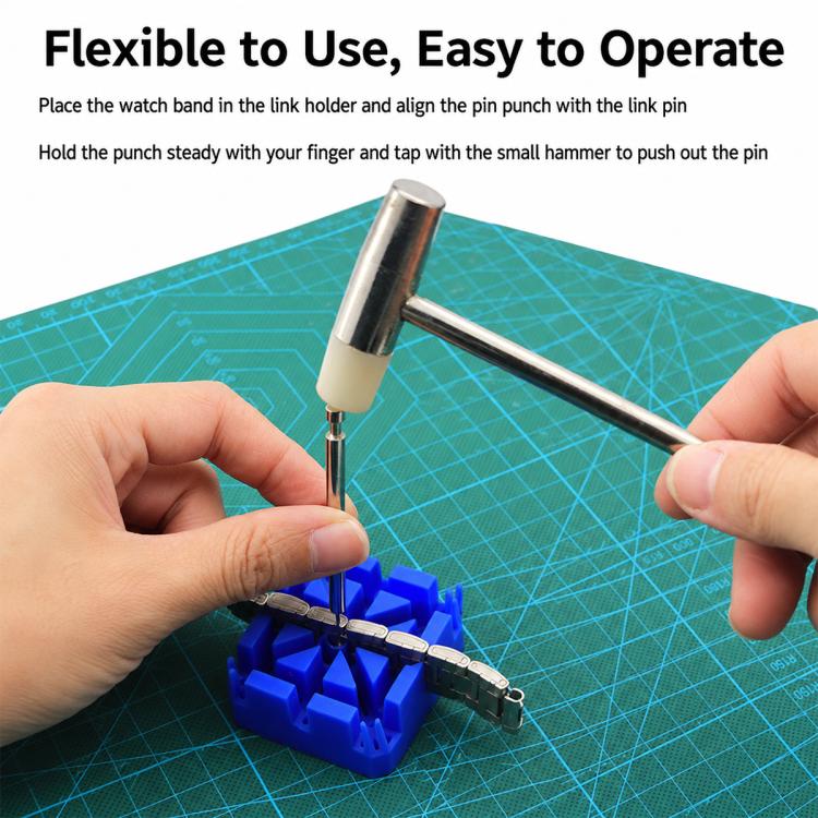 Link pin punch tool with blue holder and metal punch bar for watch bracelet