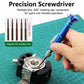Precision screwdriver with blue handle and interchangeable bits for watch repair