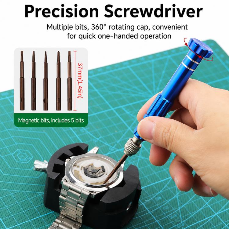 Precision screwdriver with blue handle and interchangeable bits for watch repair