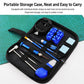 Portable watch repair tool kit in black zip storage case with blue organizers