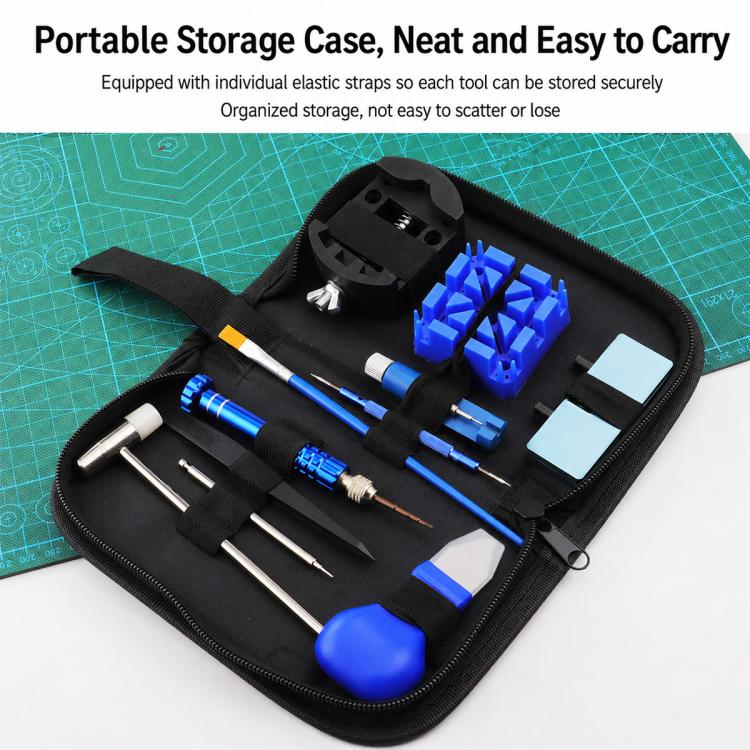 Portable watch repair tool kit in black zip storage case with blue organizers