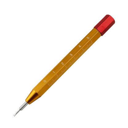Gold spring bar tool with red cap and measurement scale, pointed metal fork tips