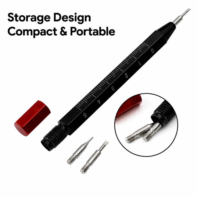 Black spring bar tool with red cap and spare interchangeable tips in compact design