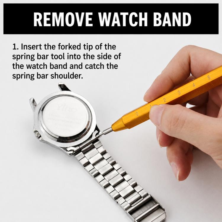 Yellow spring bar tool with fork tip removing a metal watch band