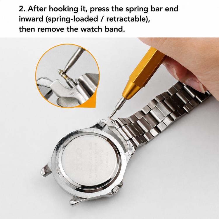Yellow spring bar tool pressing a spring bar on a metal watch band