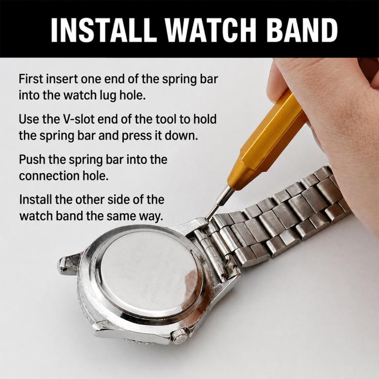 Yellow spring bar tool installing a metal watch band with fork tip