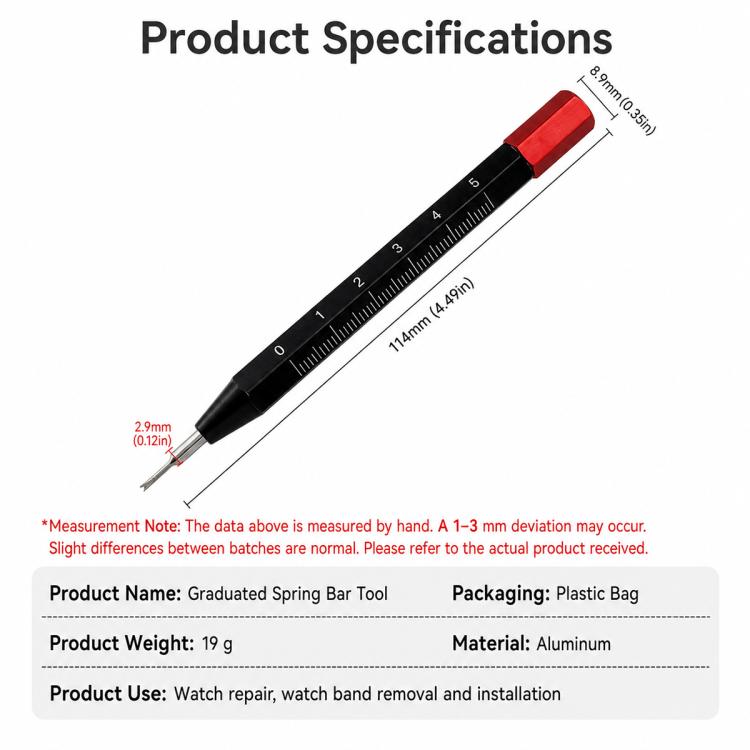Black spring bar tool with red cap and measurement scale markings, pointed metal fork tip