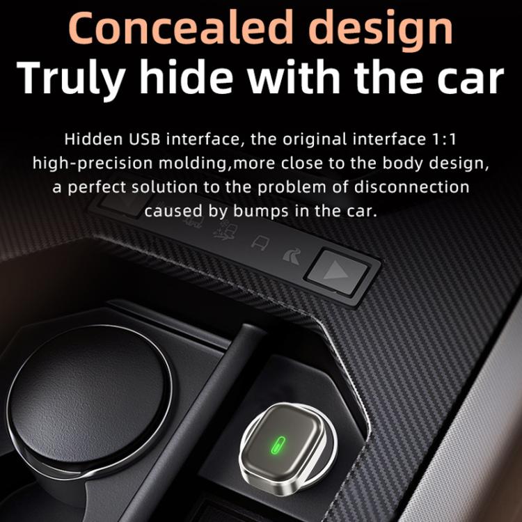 Wireless car adapter with concealed USB design, silver module with green light