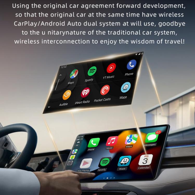 Wireless car adapter in dashboard view, black module with green light