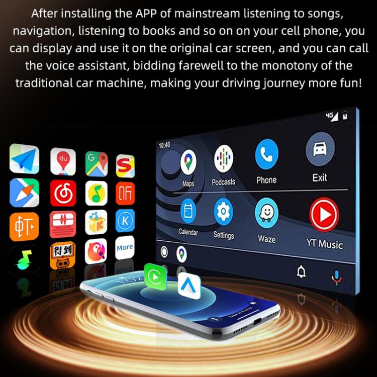 Wireless car adapter streaming on car screen, black module with green light