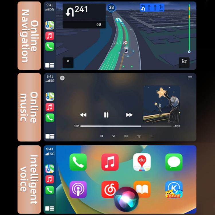 Wireless car adapter with app controls on screen, black module with green light