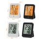 Digital thermometer & hygrometer with LCD display and stand; front views with size diagrams