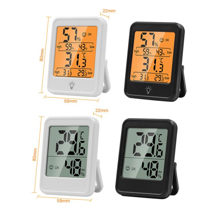 Digital thermometer & hygrometer with LCD display and stand; front views with size diagrams