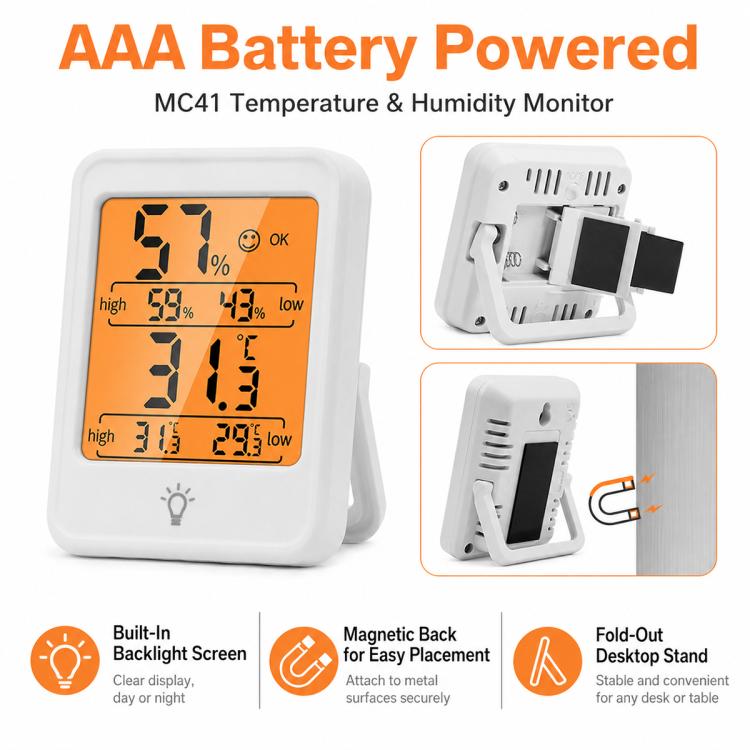 White indoor thermometer and hygrometer with AAA battery powered design and fold-out stand
