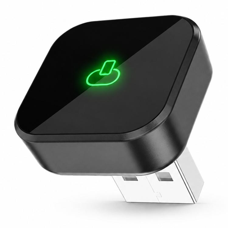 Compact black wireless CarPlay/Android Auto adapter with USB plug and green power icon