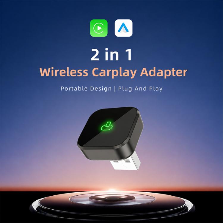 Black wireless CarPlay adapter module with USB plug and green indicator icon