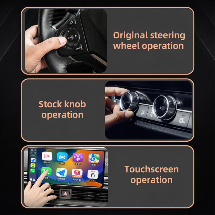 Wireless Android Auto and CarPlay adapter enabling steering wheel, knob, and touch control