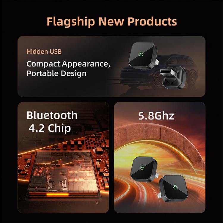 Compact black wireless car adapter with green power icons and USB connector