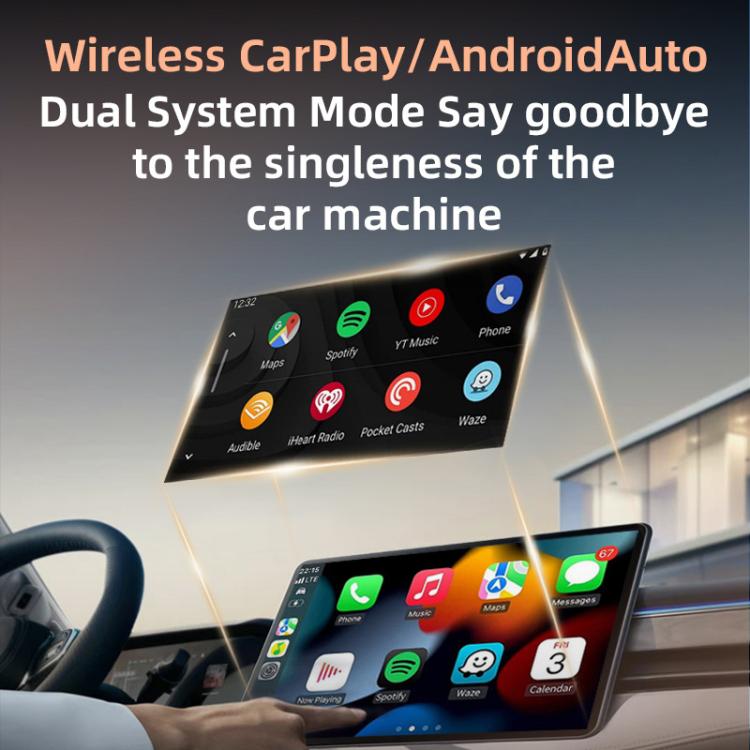 Wireless CarPlay/Android Auto adapter shown with car infotainment app grid
