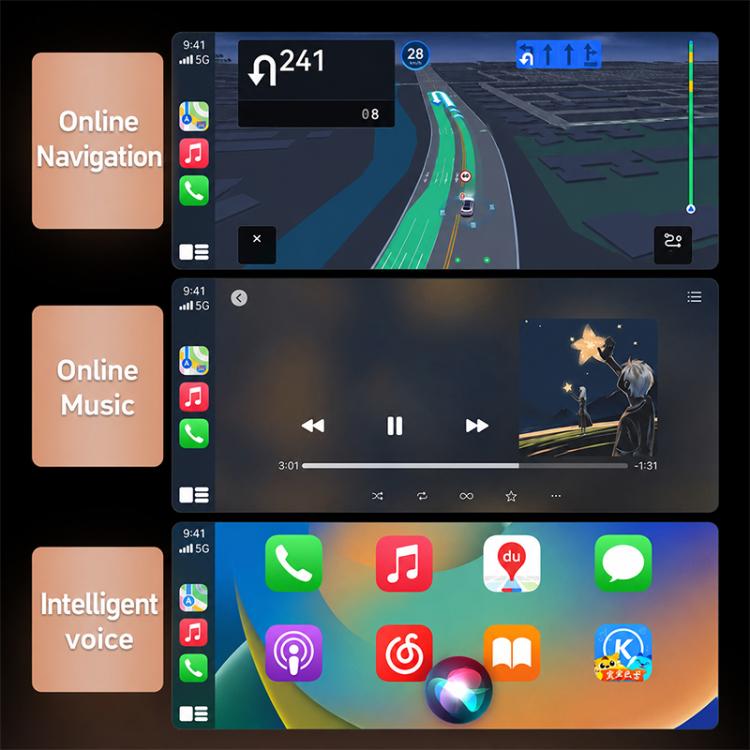 Car infotainment screen showing navigation, music, and voice app tiles