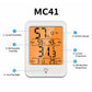 White digital thermometer and hygrometer front view with backlit orange humidity and temperature icons