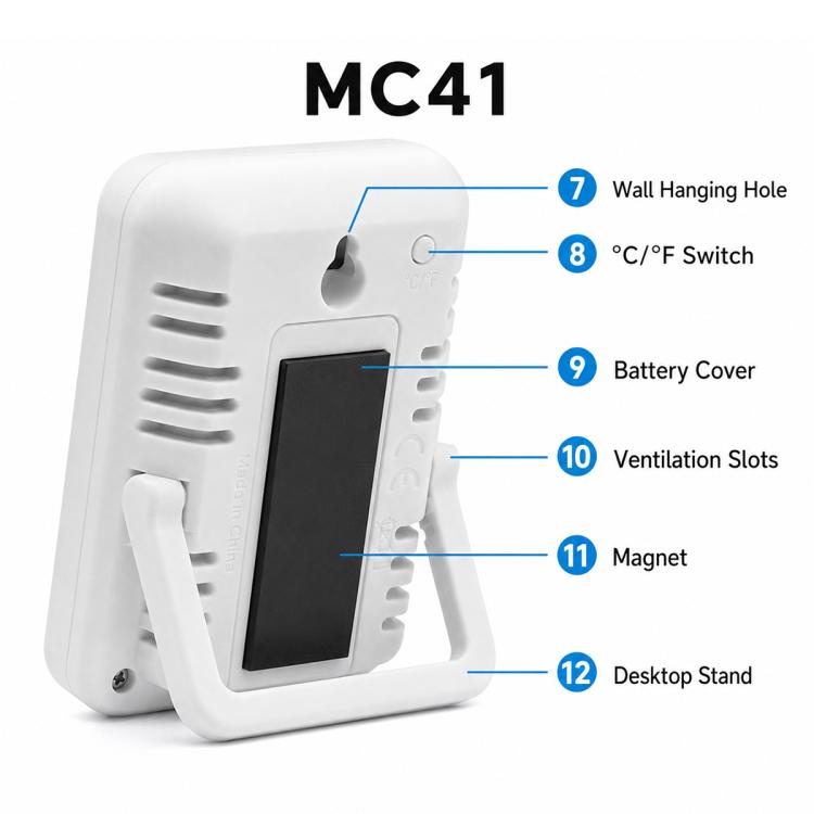 White digital thermometer and hygrometer side view with ventilation slots, wall hole, battery cover