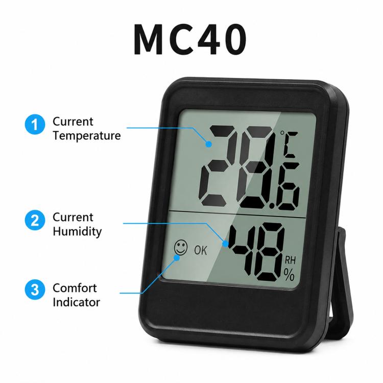 Black digital thermometer and hygrometer with backlit display showing temperature and RH%