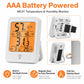 White digital thermometer and hygrometer with backlit screen and battery compartment views
