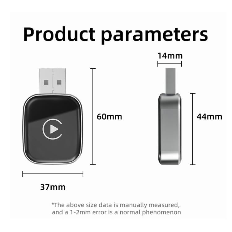 Car wireless adapter with size diagram, square USB unit front and side views