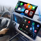 Car dashboard with wireless adapter displaying Android Auto/CarPlay app screen