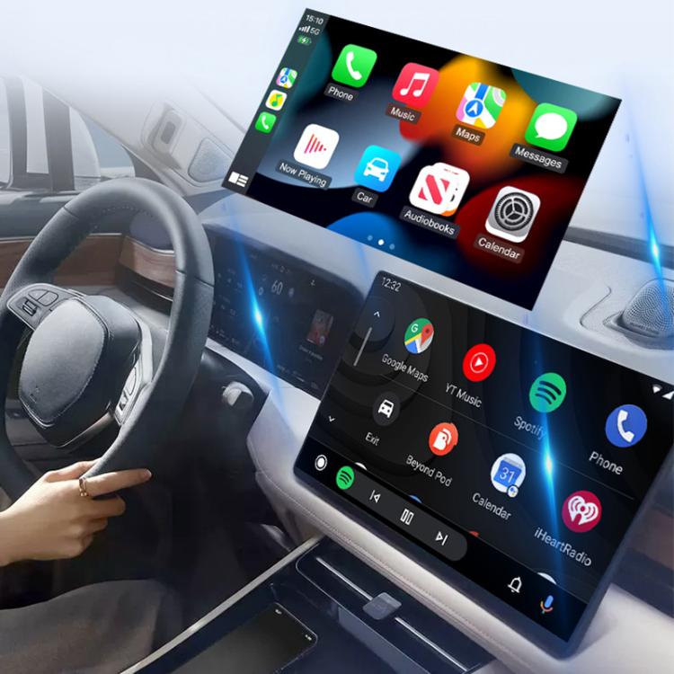 Car dashboard with wireless adapter displaying Android Auto/CarPlay app screen