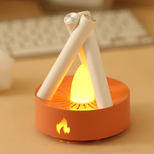 Campfire night light with orange base, white legs, and a glowing yellow flame.