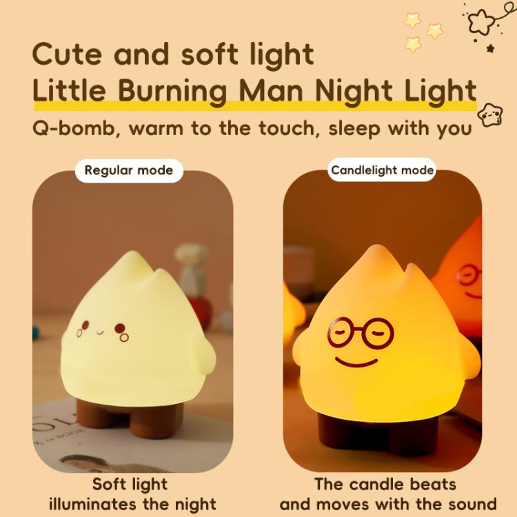 Flame night light shown in soft beige and warm yellow glow modes with face