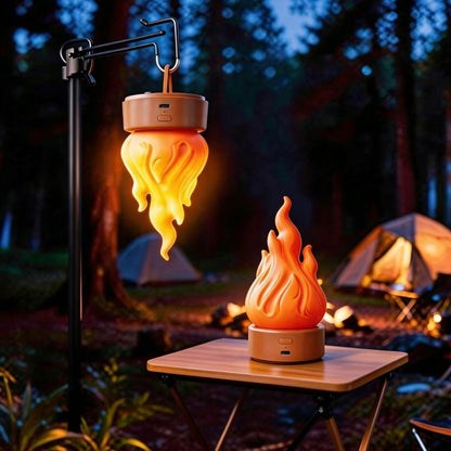 Orange LED simulated flame lamp with round base and hanging hook for outdoor camping