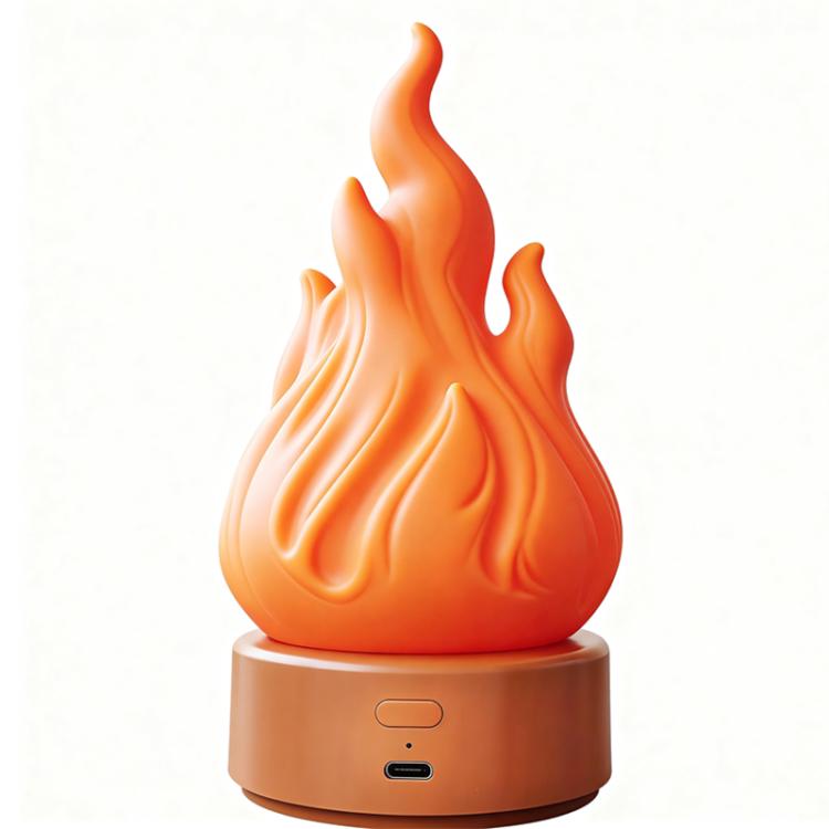 Orange LED simulated flame lamp on a tan round base, glowing flame effect