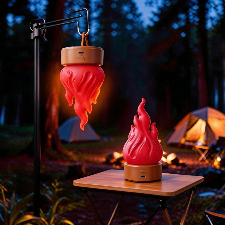 Red LED simulated flame lamp with round base and hanging hook for outdoor camping
