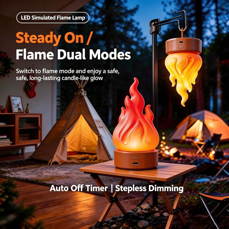 Orange LED simulated flame lamp on table with hanging hook, portable outdoor light