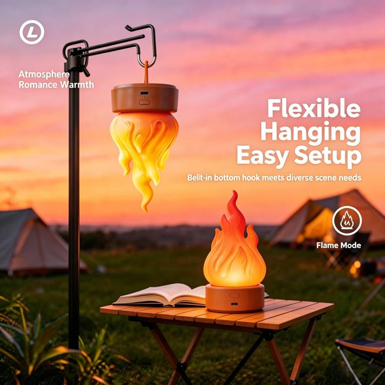 Orange LED simulated flame lamp with flexible hanging hook and round charging-base