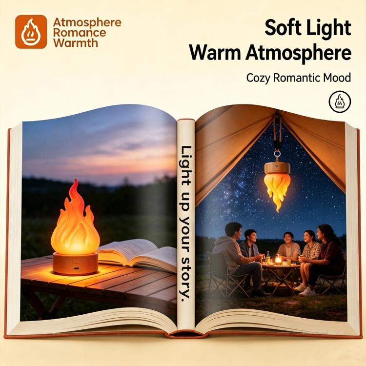 Orange LED simulated flame lamp shown with warm glow for cozy outdoor ambience