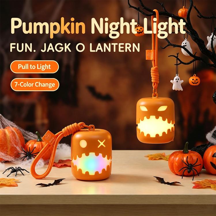 Hanging orange pumpkin lantern night light with jack-o'-lantern face.
