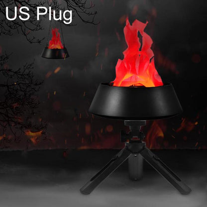 Black plug-in LED flame lamp on tripod stand with glowing red simulated flames