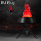 Black plug-in LED flame lamp on tripod stand, bright red flame-effect LEDs