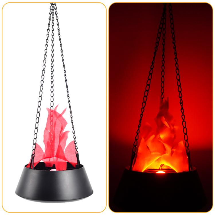 Hanging plug-in LED flame lamp with black hood and chain, red simulated flames
