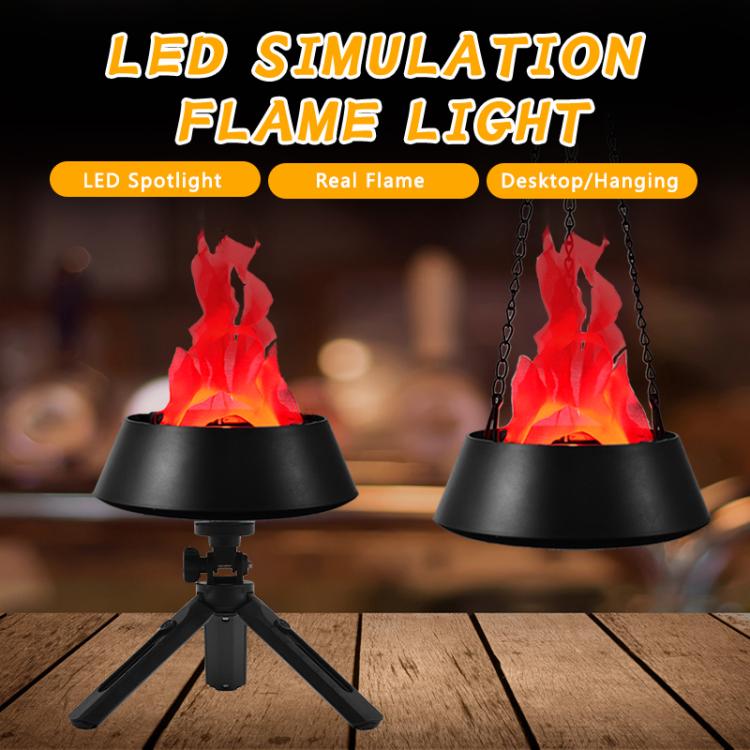 Two black plug-in LED flame lamps with red simulated flames, one on tripod and one hanging