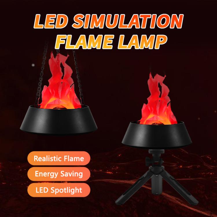 Plug-in LED flame lamp set featuring hanging chain and tripod bases with red glow flames